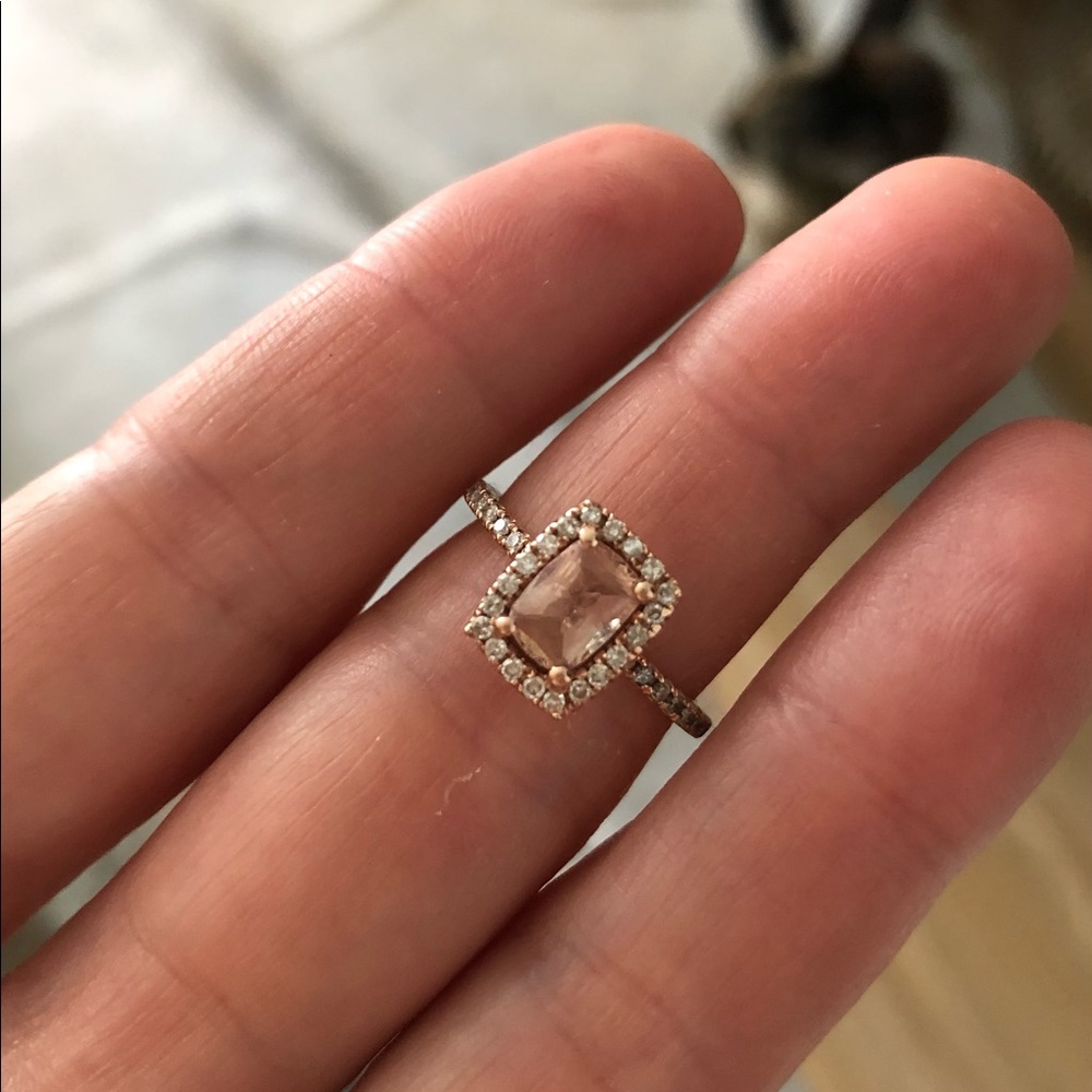 14k rose gold, diamond and emerald cut peach sapphire engagement ring - Picture 7 of 16